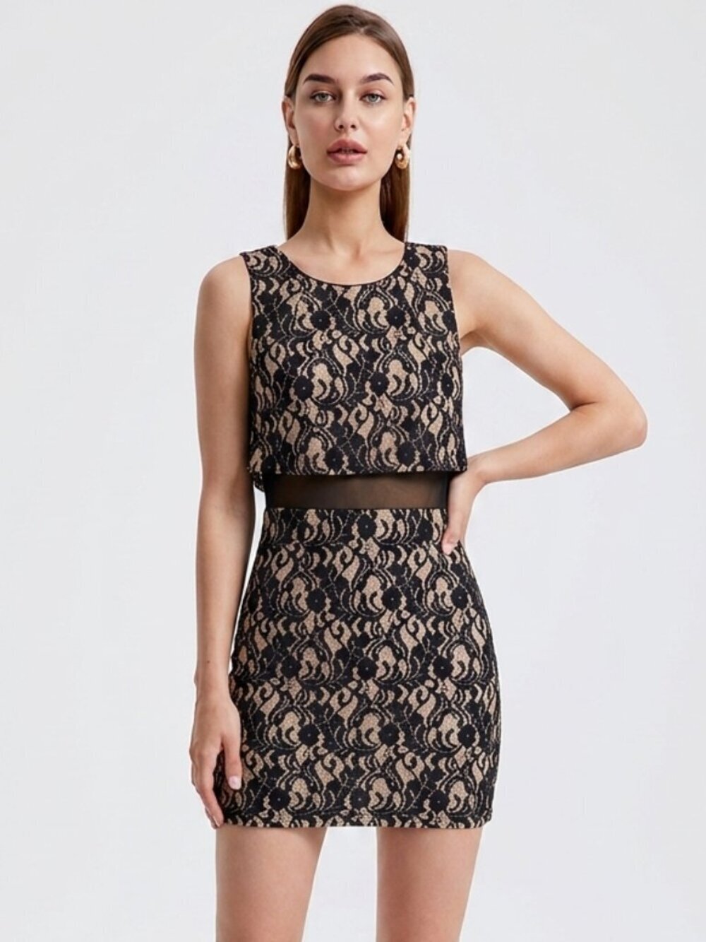 Forever 21 Black Tan Cotton Blend Floral Lace Sheath Dress